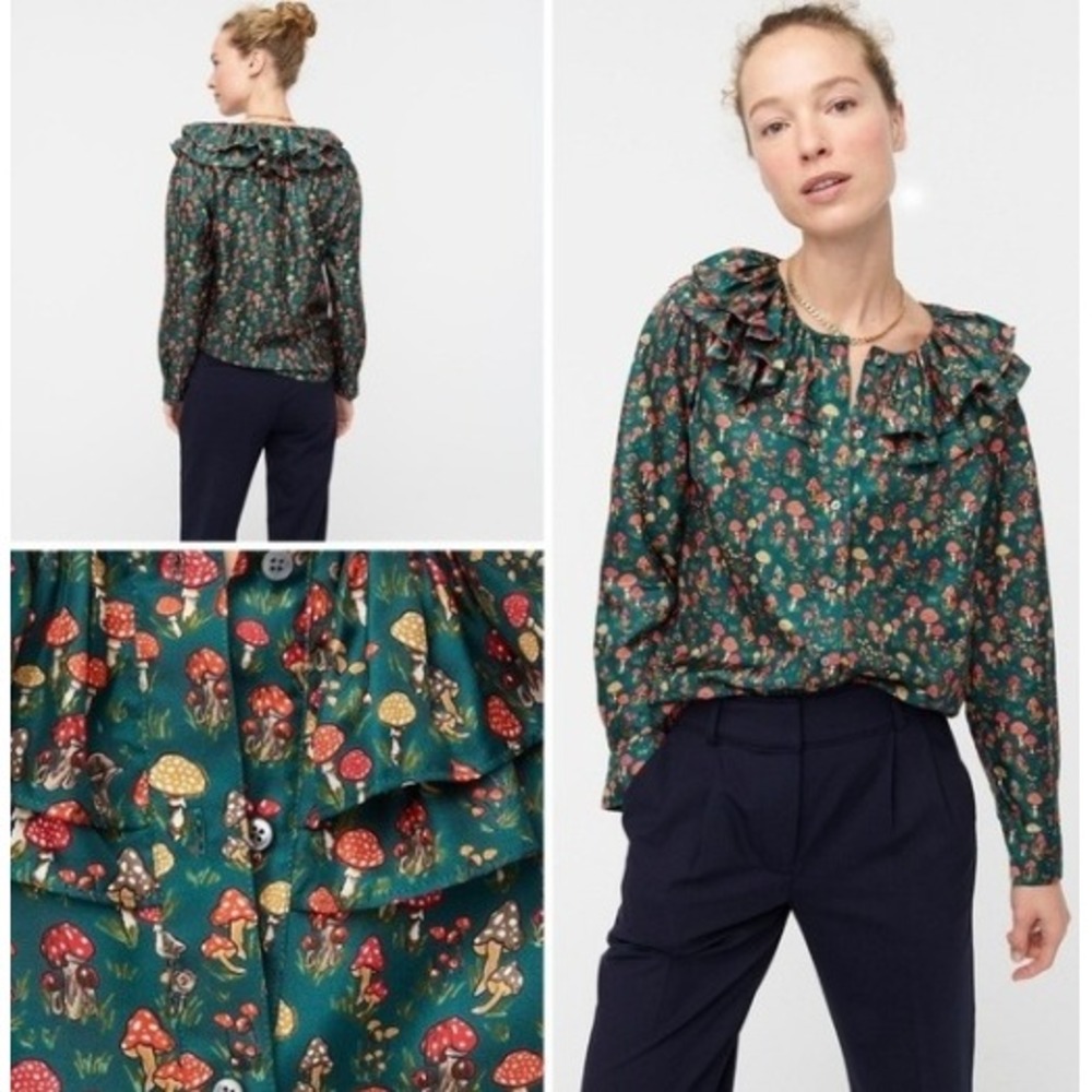J.Crew Collection Green Mushroom Print 100% Silk Ruffle Collar Blouse AU261 M
